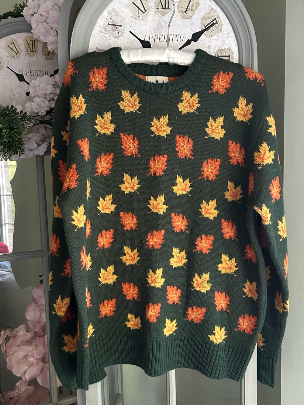 KIEL JAMES PATRICK Cozy Fall Leaf Sweater Wool Blend Green, Orange, Yellow Sz L